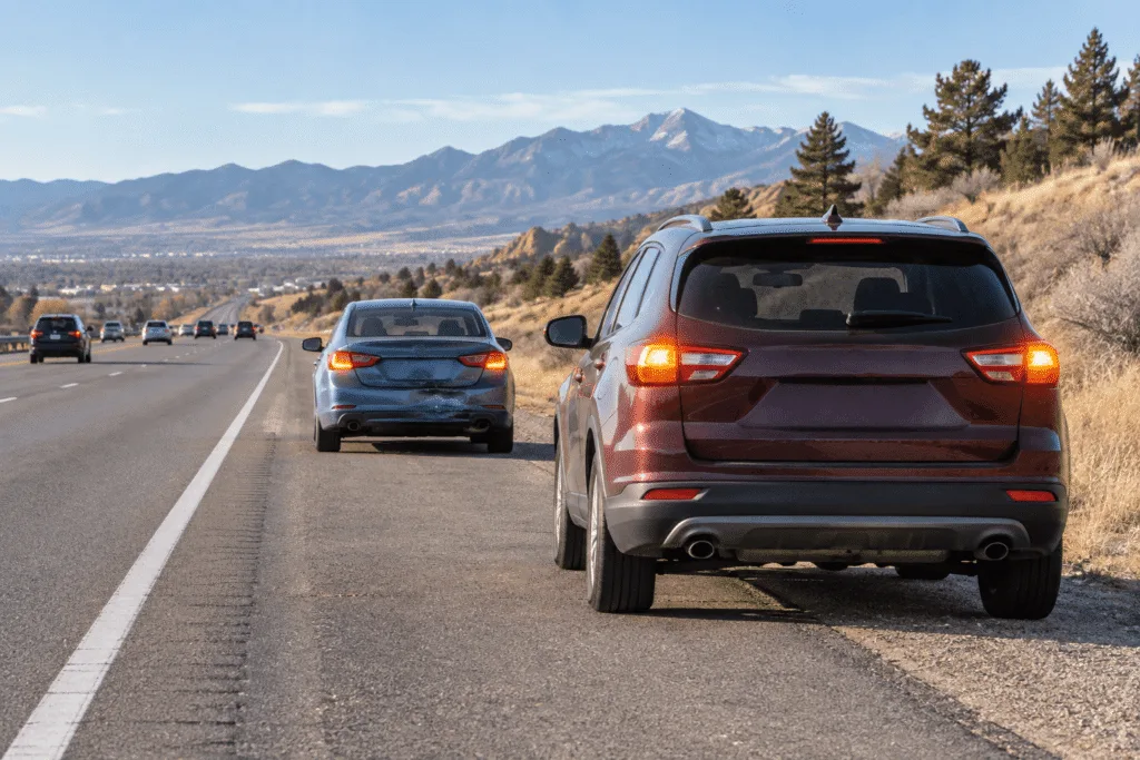 Two vehicles parked in the same direction after a minor rear-end collision near Colorado Springs.